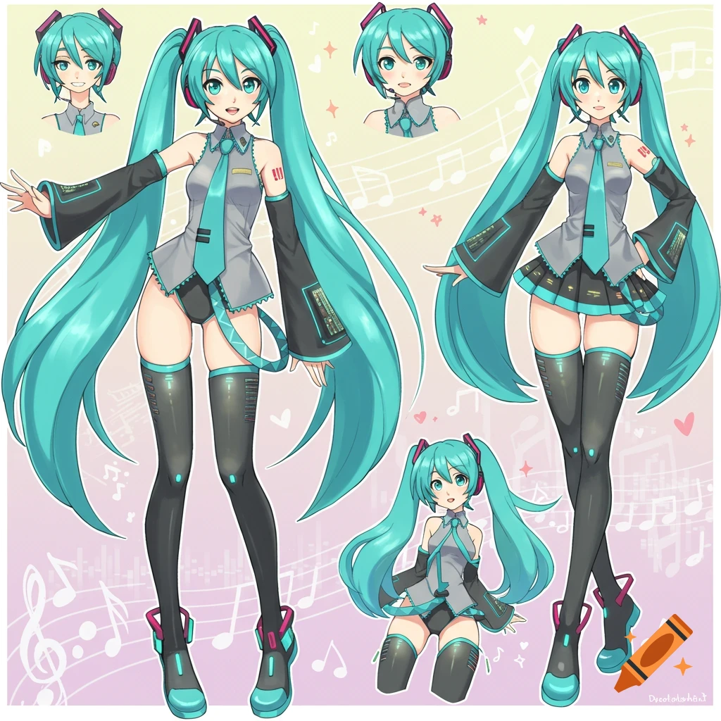 A design reference sheet for Hatsune Miku, featuring her in various full-body and bust poses, with her signature turquoise twin-tails and outfit.