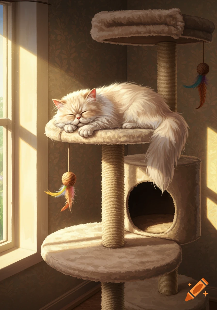 Fluffy Persian cat sleeping on a sunlit cat tower by a window, detailed illustration.