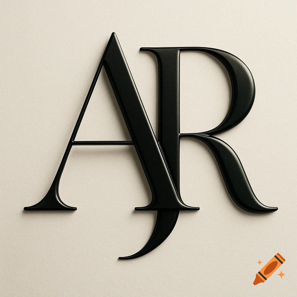 Two elegant, black, three-dimensional letters 'A' and 'R' intertwined as a monogram on a light beige background.