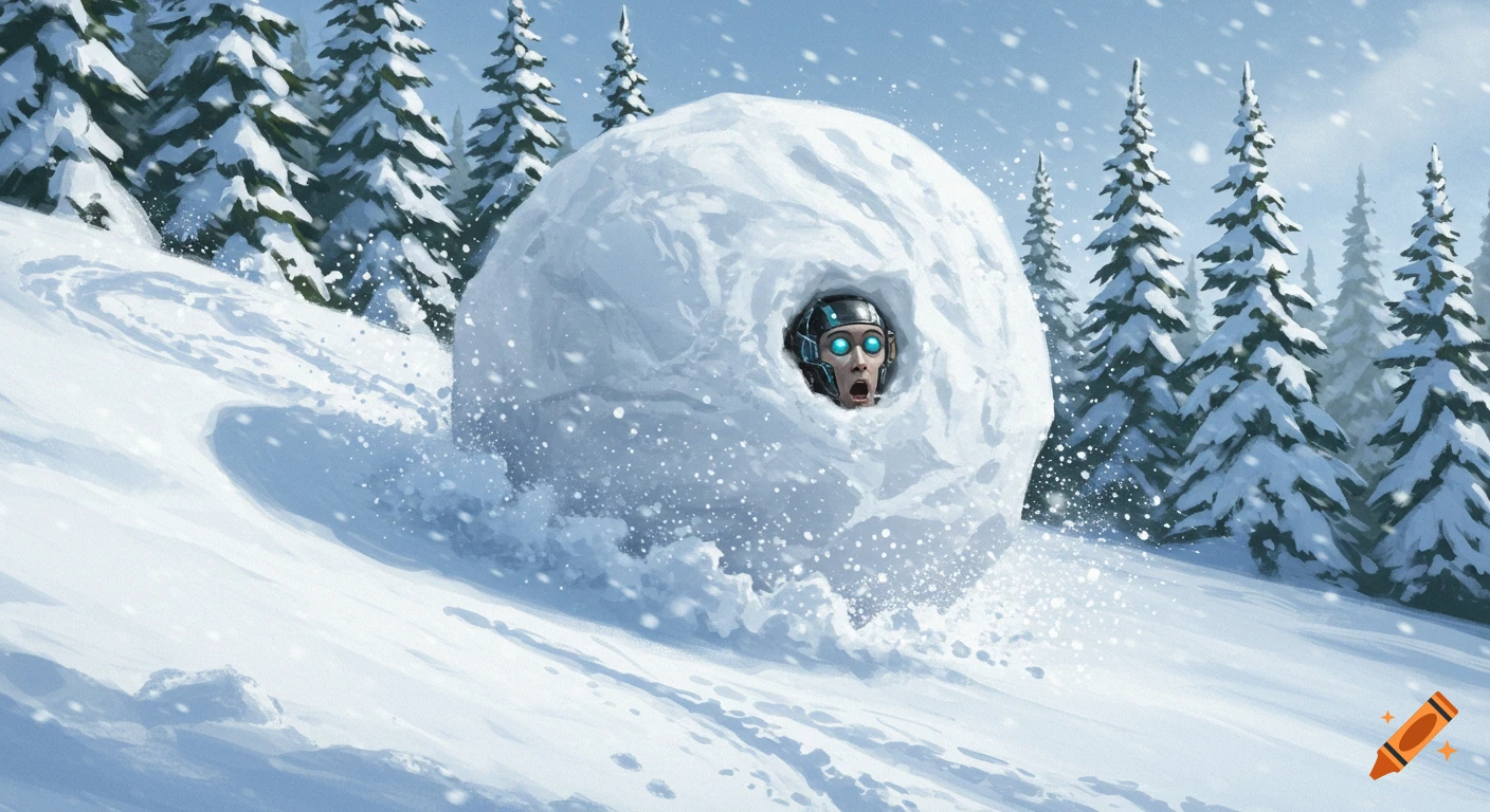 A surprised protogen's head is stuck in a giant snowball rolling down a snowy hill with pine trees, digital art.