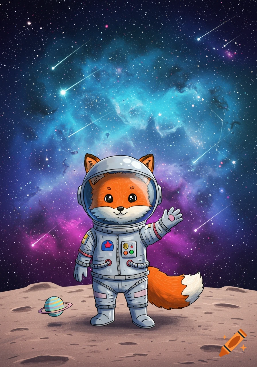 Cute cartoon fox astronaut on a moon-like planet, waving against a vibrant galaxy with shooting stars.