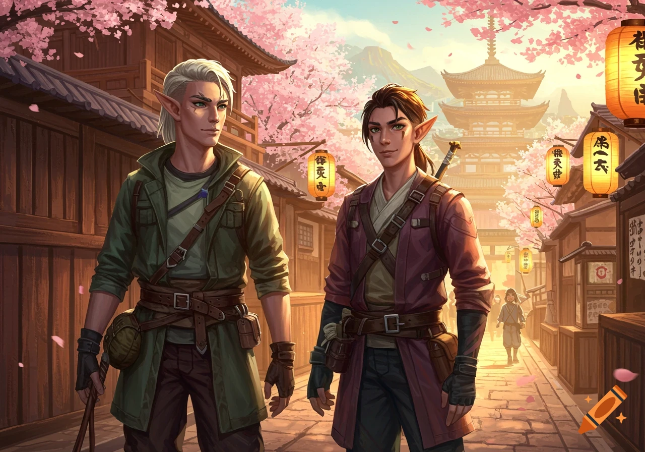 Two male half-elf adventurers stand on a traditional Japanese street with cherry blossoms and a pagoda in the background, digital art.
