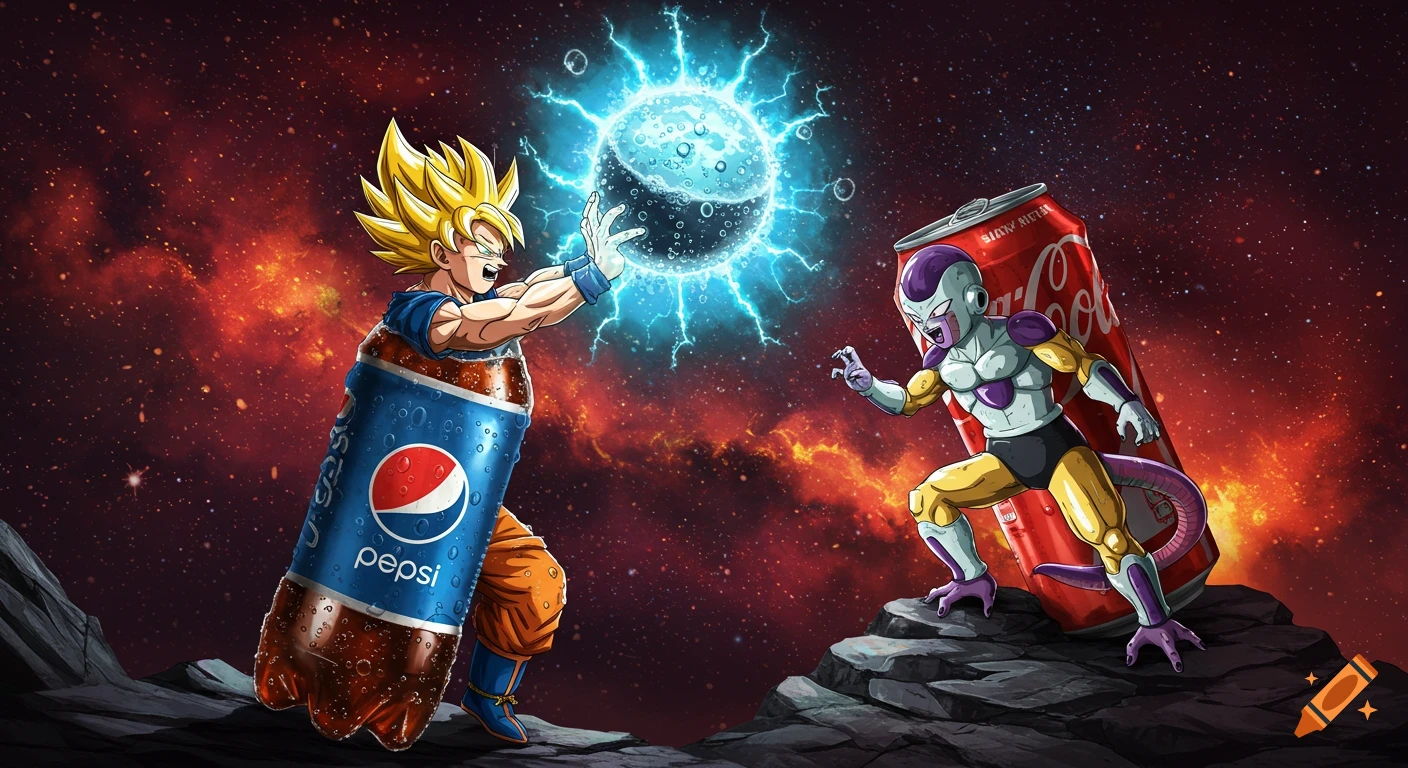 Super Saiyan Goku as a Pepsi bottle throwing a spirit bomb at Frieza as a Coca-Cola can, set in space.