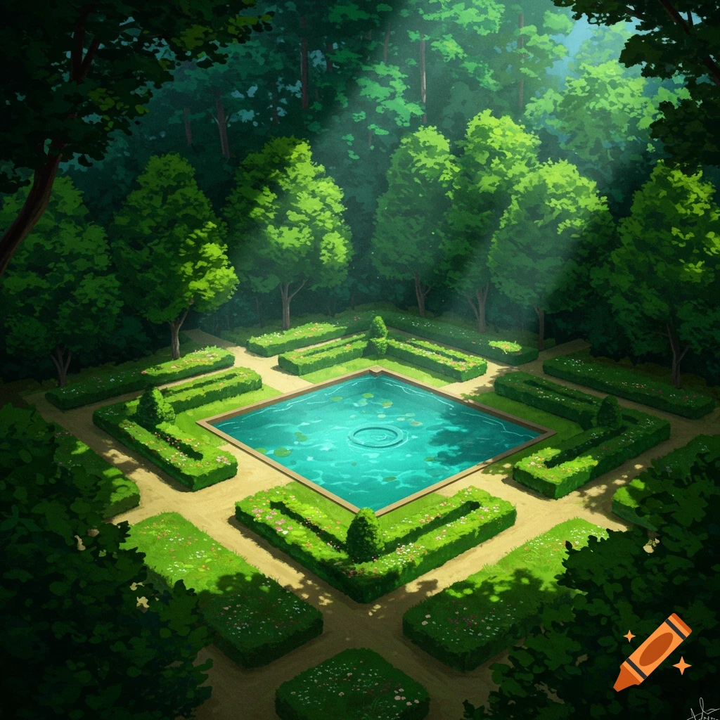 Aerial view of a serene, stylized square garden with a central turquoise pond, surrounded by hedges and tall trees under dappled sunlight.
