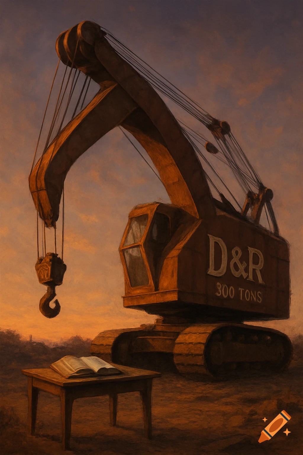 A large brown crane with 'D&R 300 TONS' on its side, next to an open book on a table, at sunset in a painterly style.