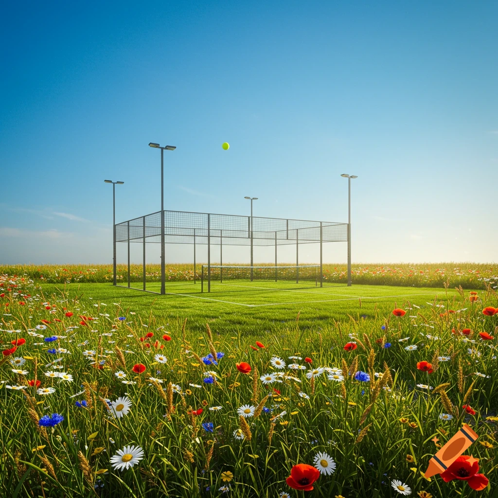 A photorealistic padel court in a vibrant wildflower field under a blue sky, with a tennis ball airborne.