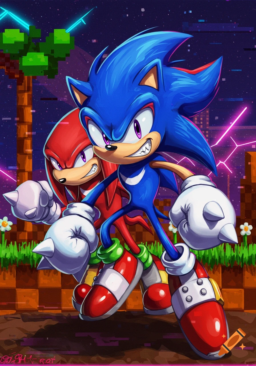 Stylized art of Sonic and Knuckles in dynamic poses against a retro, glitchy background.