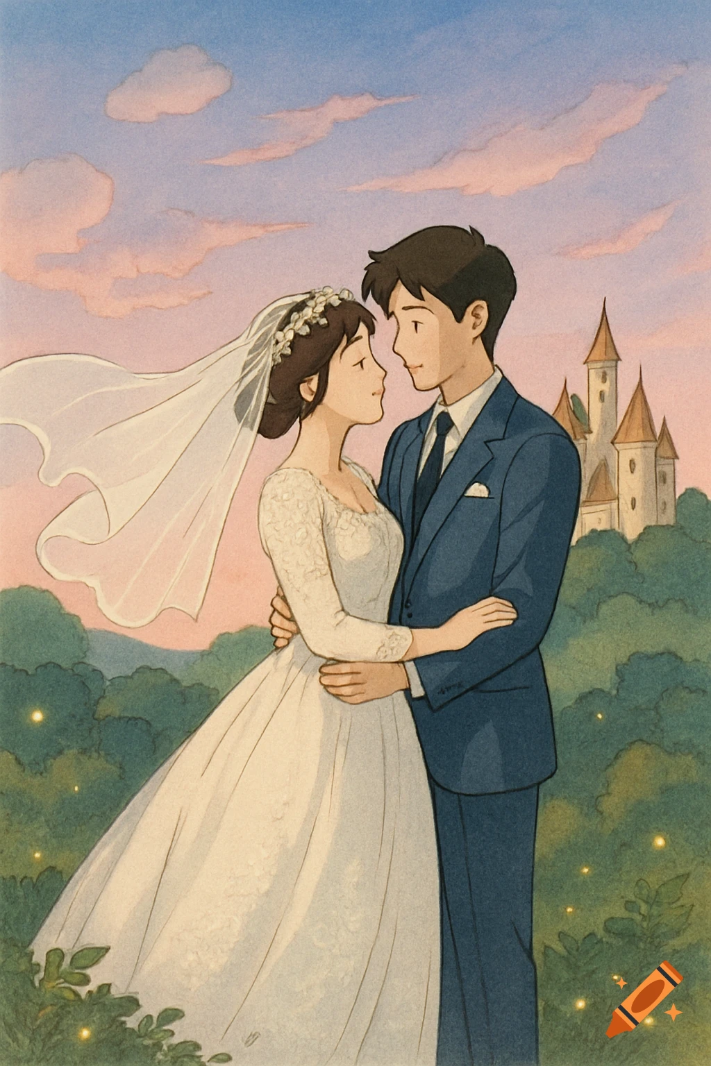 A Studio Ghibli style illustration of a bride and groom embracing, with a castle and sunset sky in the background.
