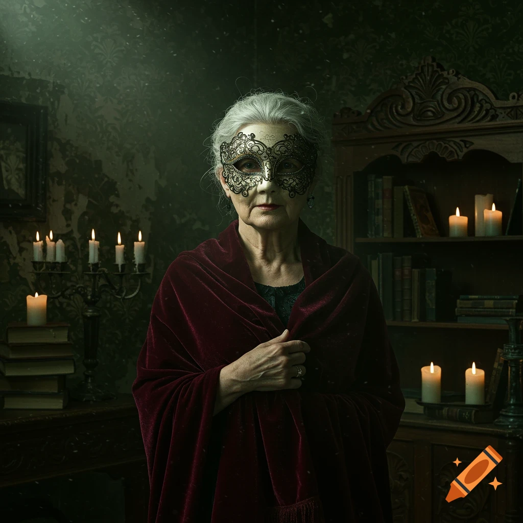 An elderly woman wearing an ornate mask and a red velvet shawl stands in a dimly lit, old-fashioned room with candles and books.