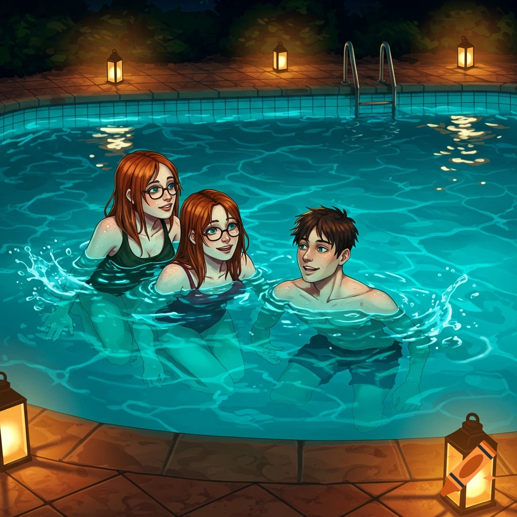 Animated illustration of two auburn-haired women and a dark-haired man swimming in a pool at night.