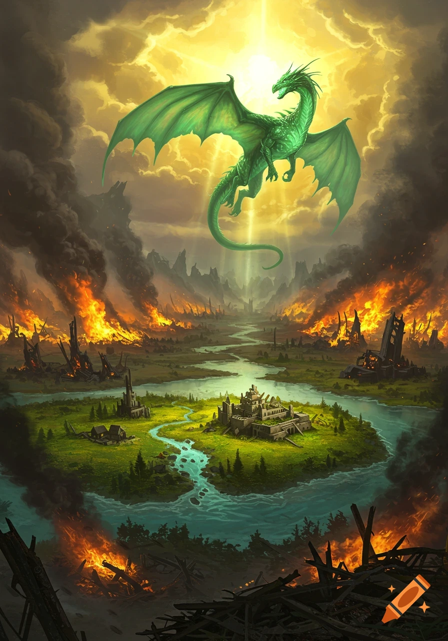 A glowing green dragon soars over a landscape of burning towns and destruction, with a vibrant green oasis below.
