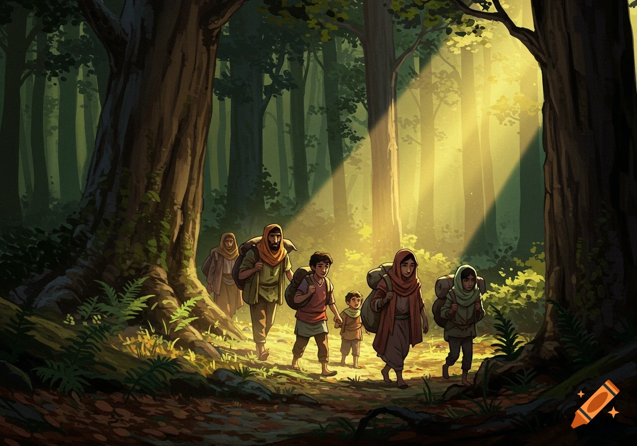 A group of diverse people with backpacks walk through a sunlit forest path in a comic art style.
