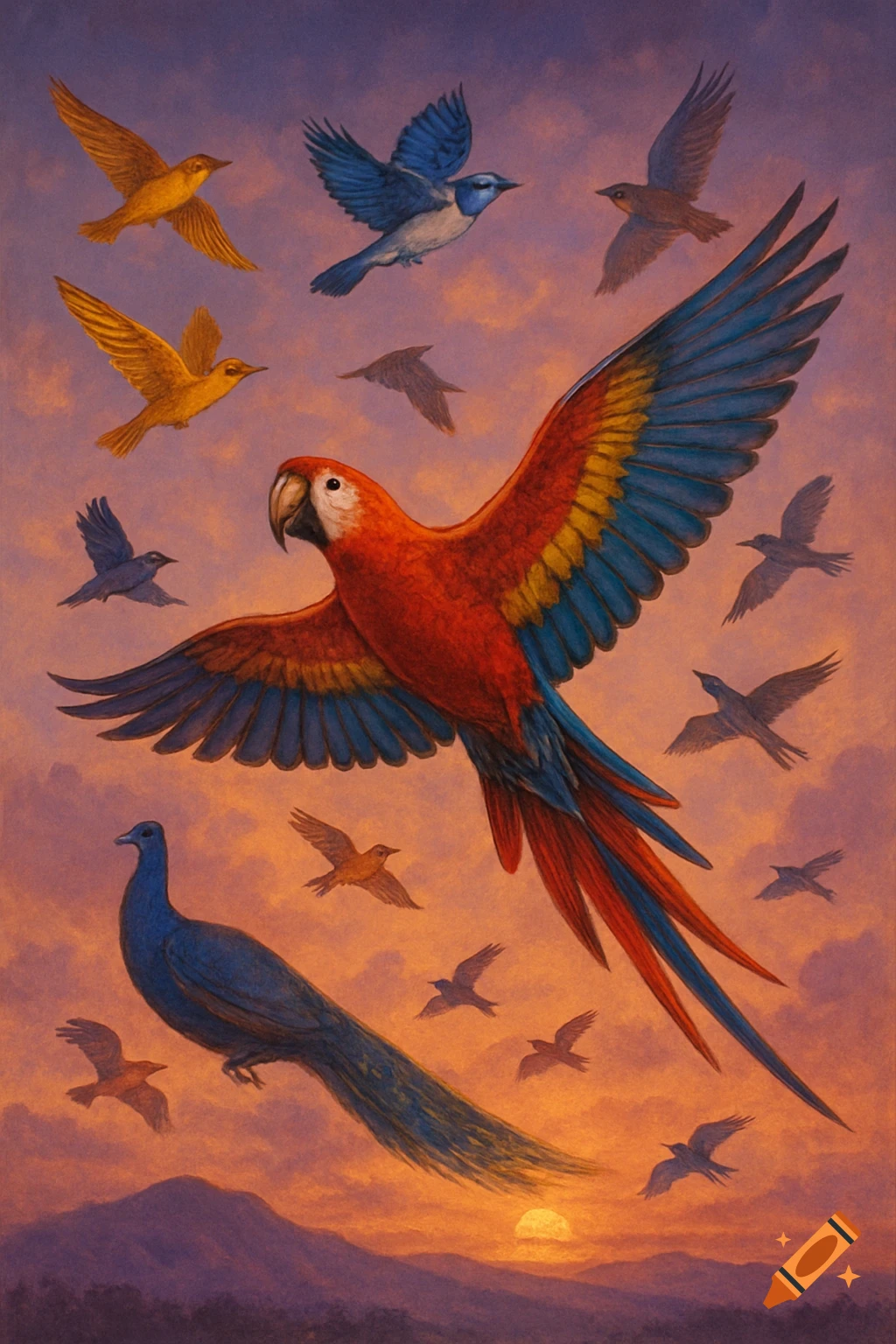 A vibrant illustration of multiple colorful birds, including a large macaw, flying across a sunset sky with mountains.