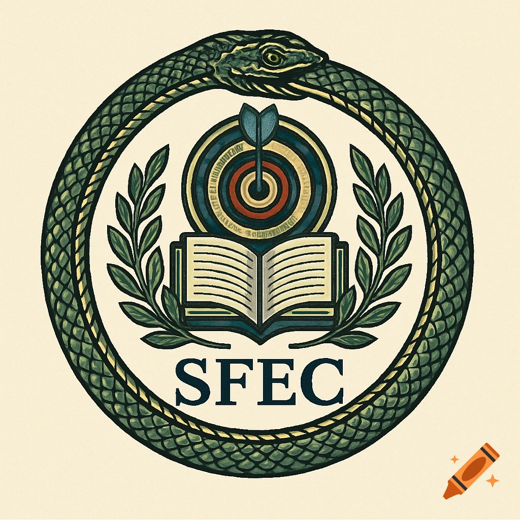 A detailed logo featuring a green ouroboros encircling a bullseye target with an arrow, an open book, and the letters SFEC.
