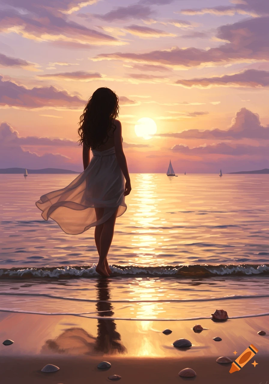 A woman stands on a sandy beach at sunset, looking out at the ocean with sailboats, digital painting.