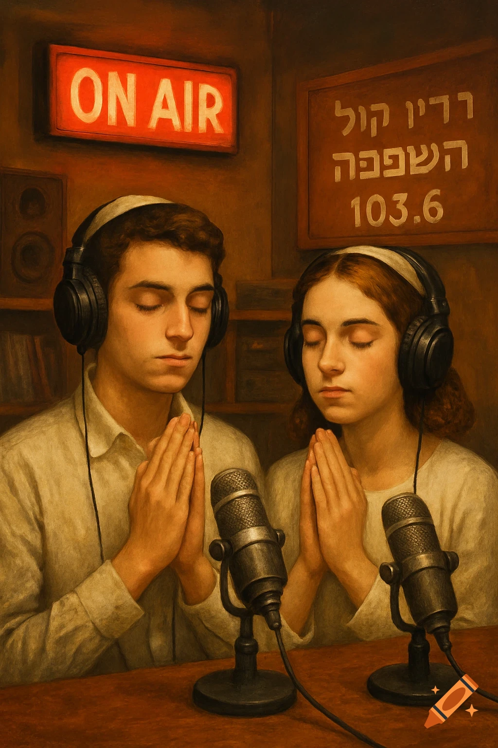 A boy and a girl, with headphones and microphones, sit with hands pressed together in prayer in a radio studio. An 'ON AIR' sign glows above them in a painting style.