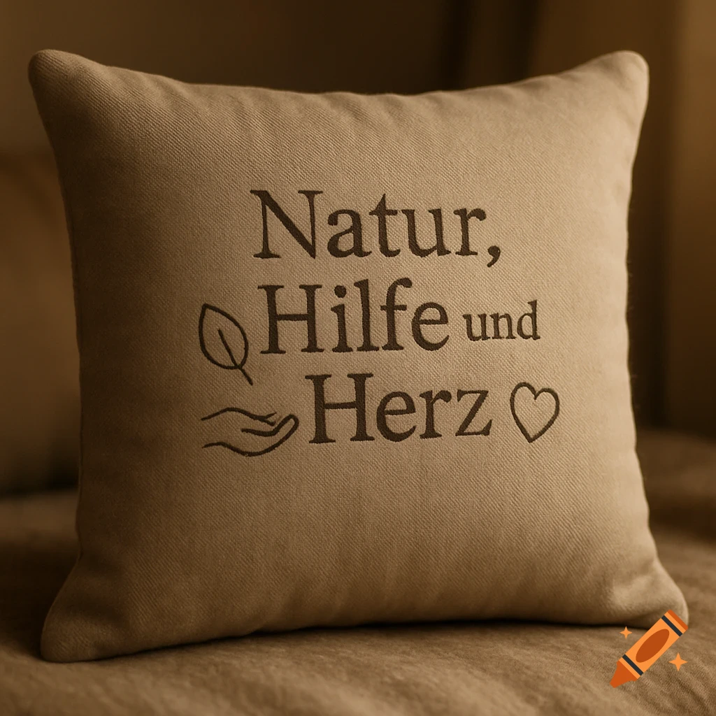 A beige linen pillow with the German words 'Natur, Hilfe und Herz' (Nature, Help and Heart) and minimalist leaf, hand, and heart symbols.