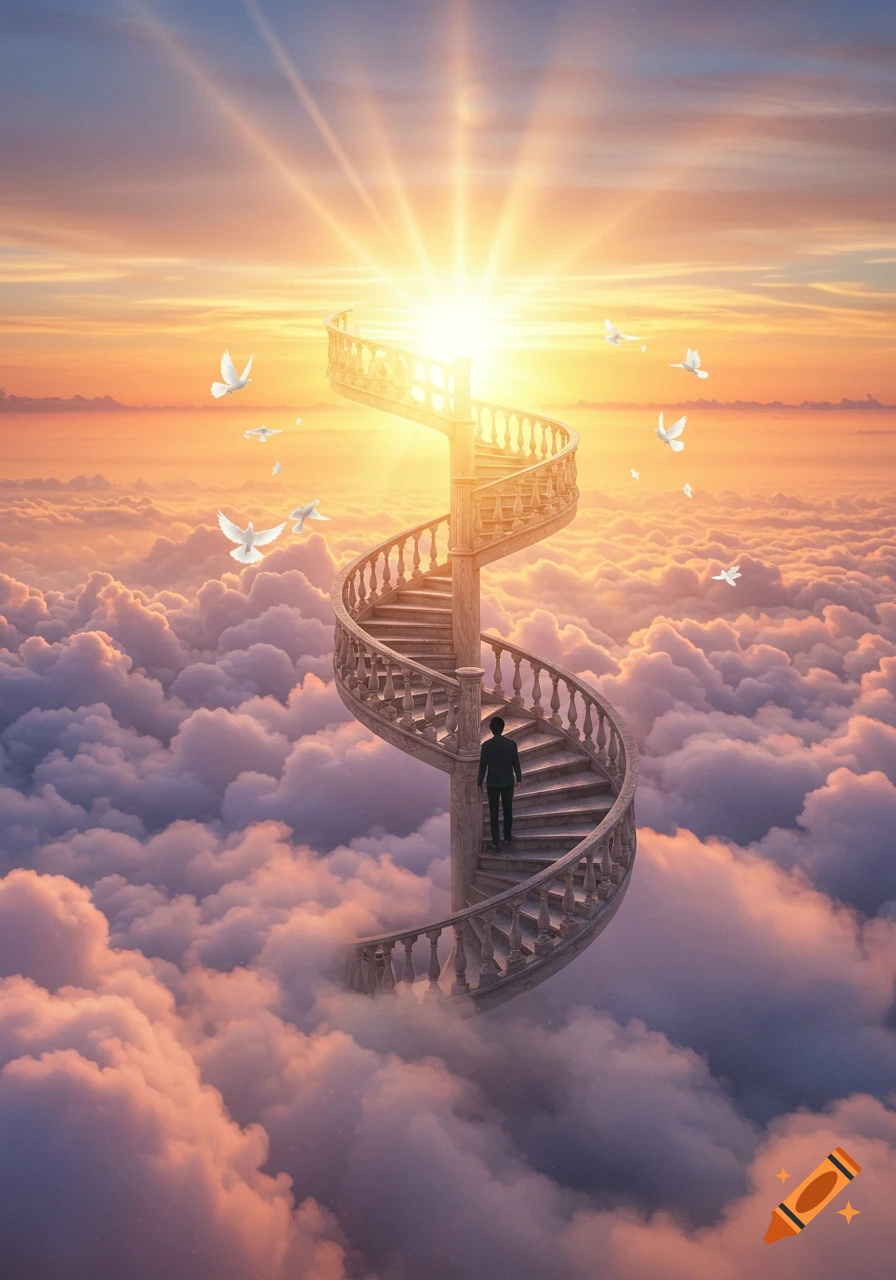 A person ascends a grand spiral staircase through clouds towards a radiant sun, surrounded by doves, in a dreamlike scene.