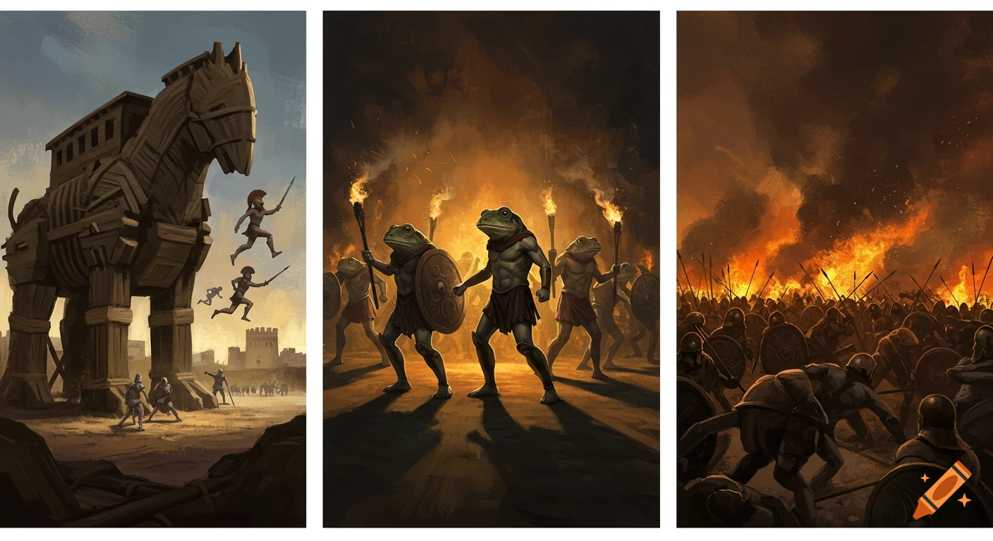 A triptych painting in a rough style depicting a Trojan horse, heroic frog-headed warriors, and a fiery battle scene.