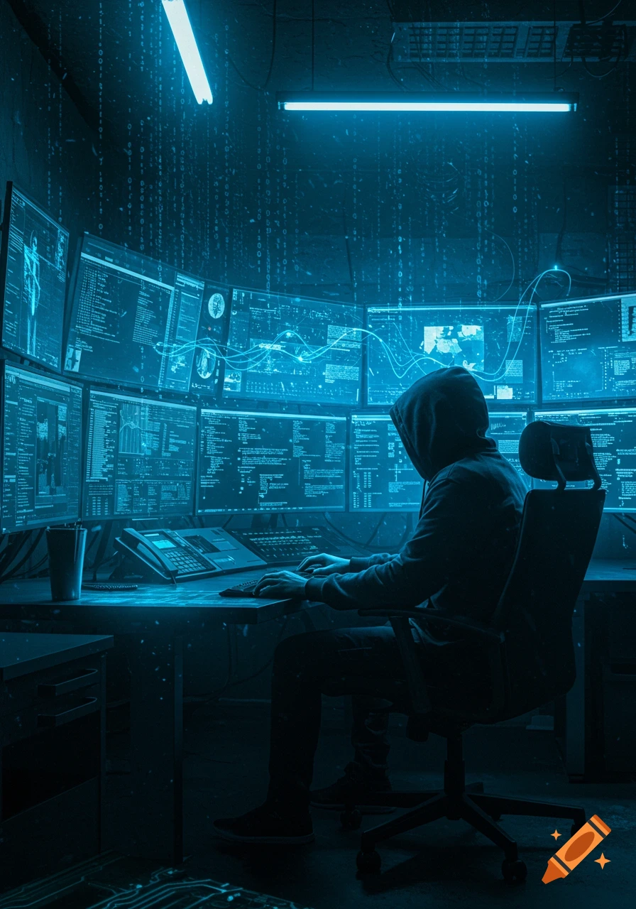 A hooded person sits at a desk in a dark room, typing on a keyboard surrounded by multiple computer monitors displaying glowing blue code and data in a stylized, low-light setting.