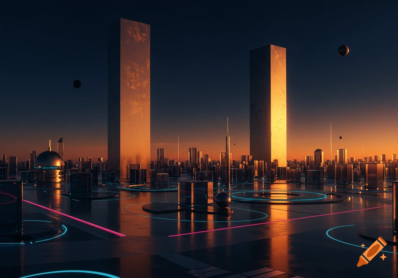 Futuristic city with metallic monoliths, glowing neon lines, and geometric buildings at sunset under a dark orange sky.