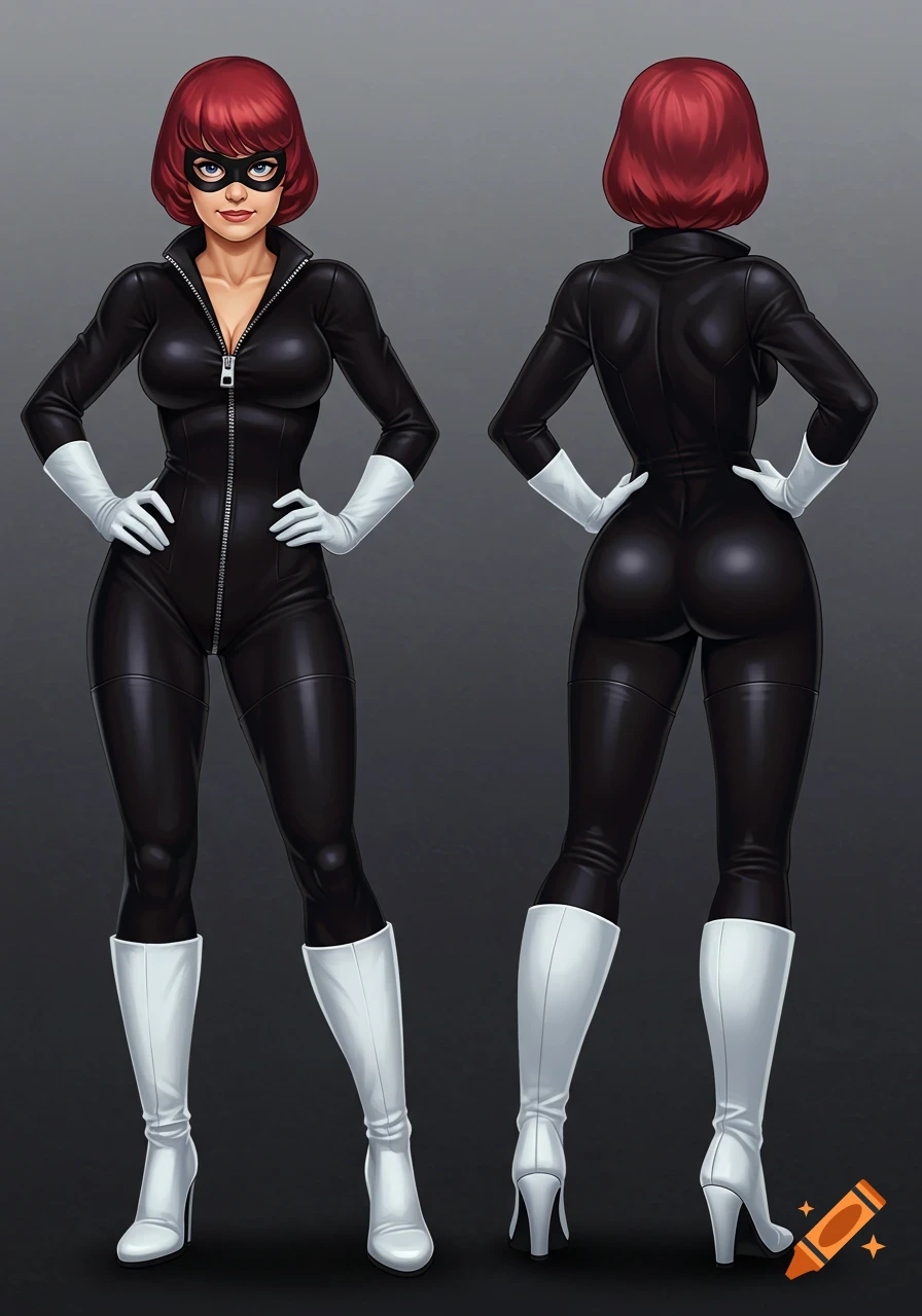 A comic art style character design showing the front and back of a woman in a black zipper jumpsuit, white gloves, white boots, and a black eye mask.