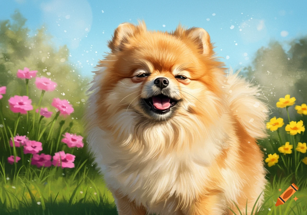Fluffy, happy Pomeranian dog in a field of pink and yellow flowers under a blue sky, illustration.