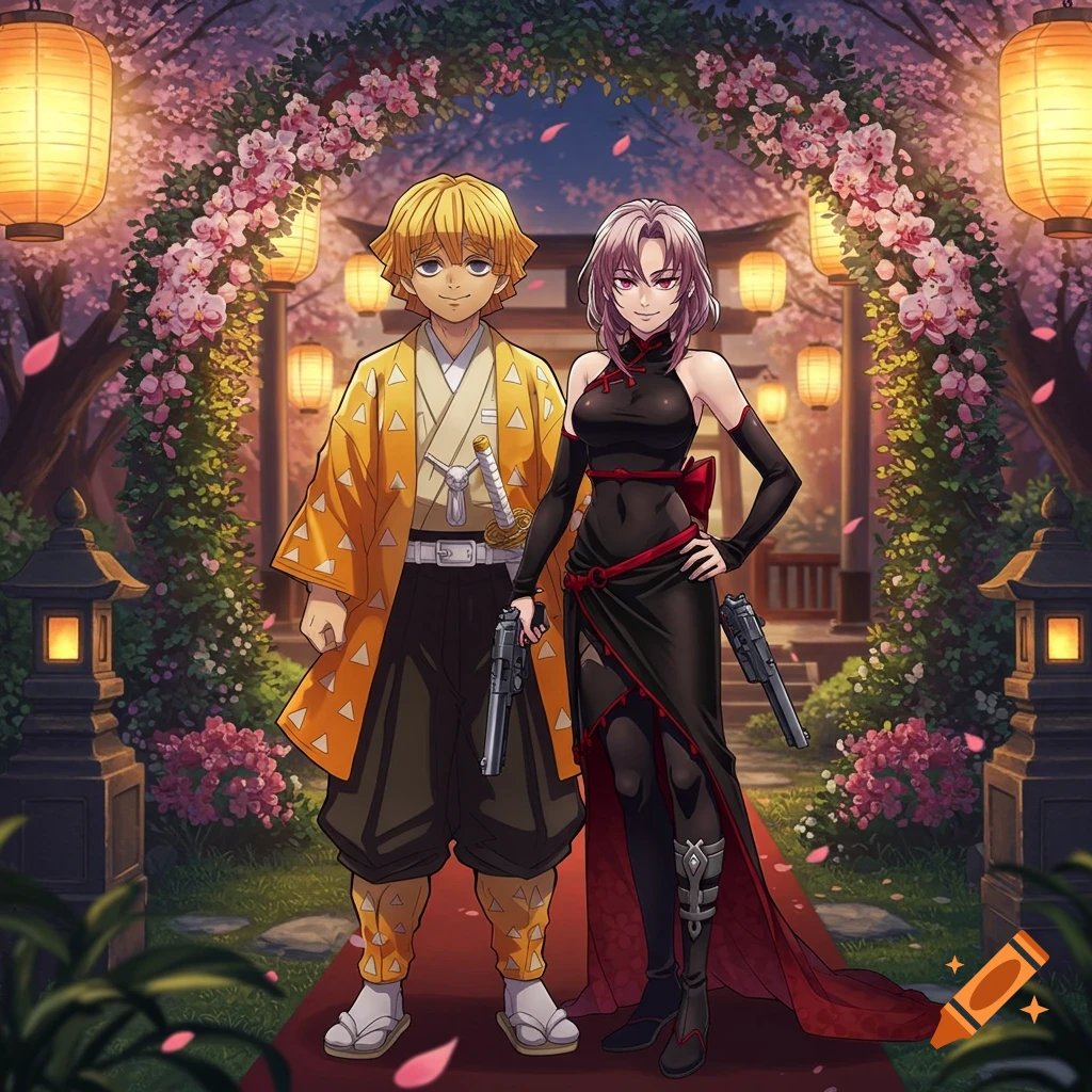 Anime style illustration of Zenitsu and Revy standing on a red carpet under a cherry blossom arch with lanterns at night.