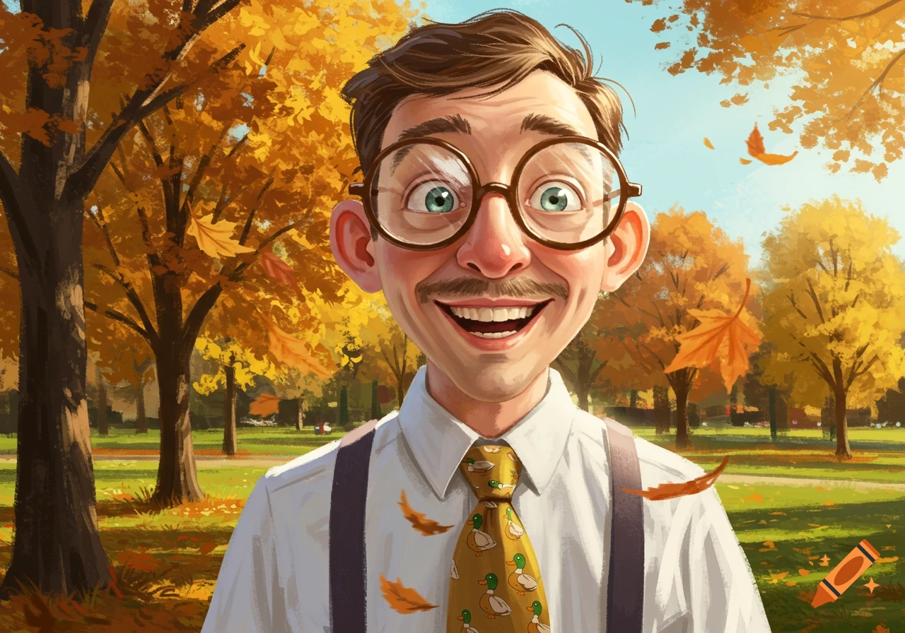 A cartoon man with nerdy glasses, a mustache, suspenders, and a duck tie smiles in an autumn park.