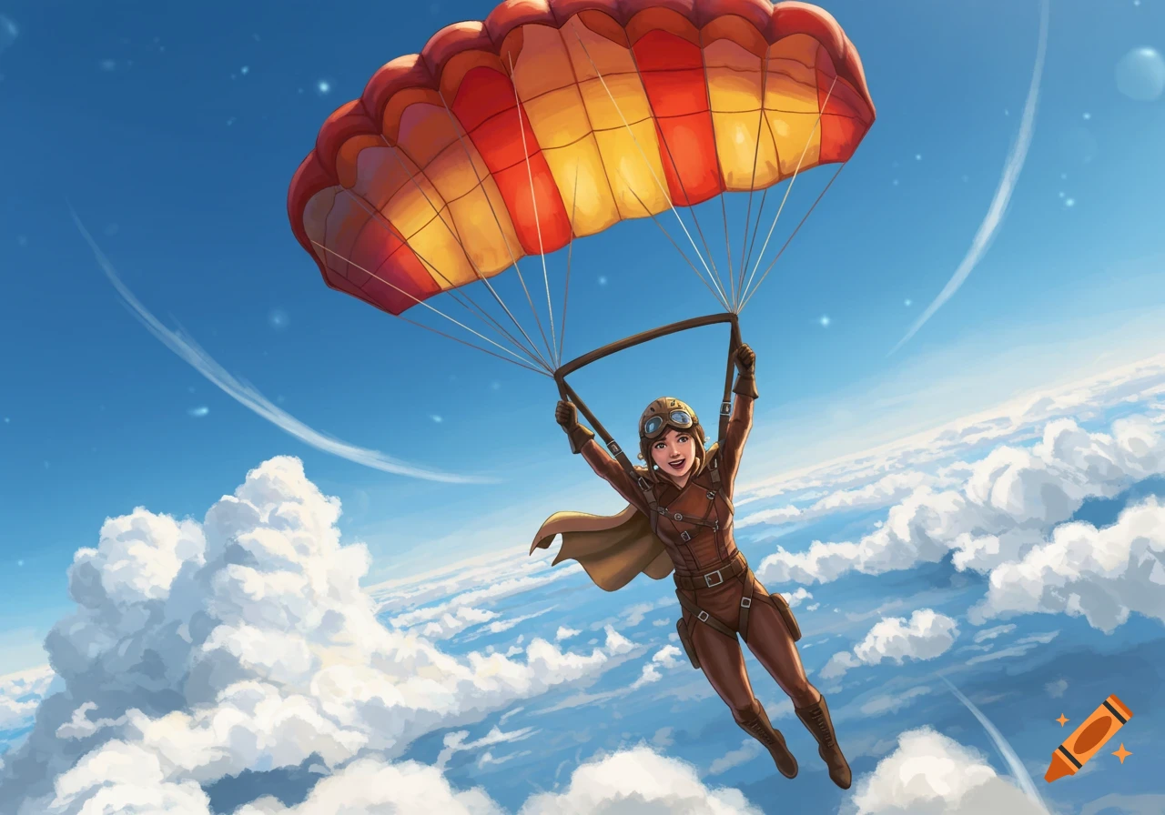 A smiling cartoon woman in a brown pilot suit and goggles parachutes with an orange and yellow canopy above fluffy white clouds.