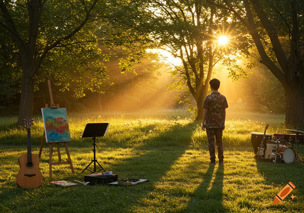 A person stands in a sun-drenched grassy field with an easel, guitar, and drums, looking into a bright forest.