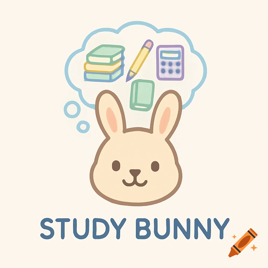 Cute minimalist logo with a bunny head, a thought bubble containing books, pencil, and calculator, and the text "STUDY BUNNY".