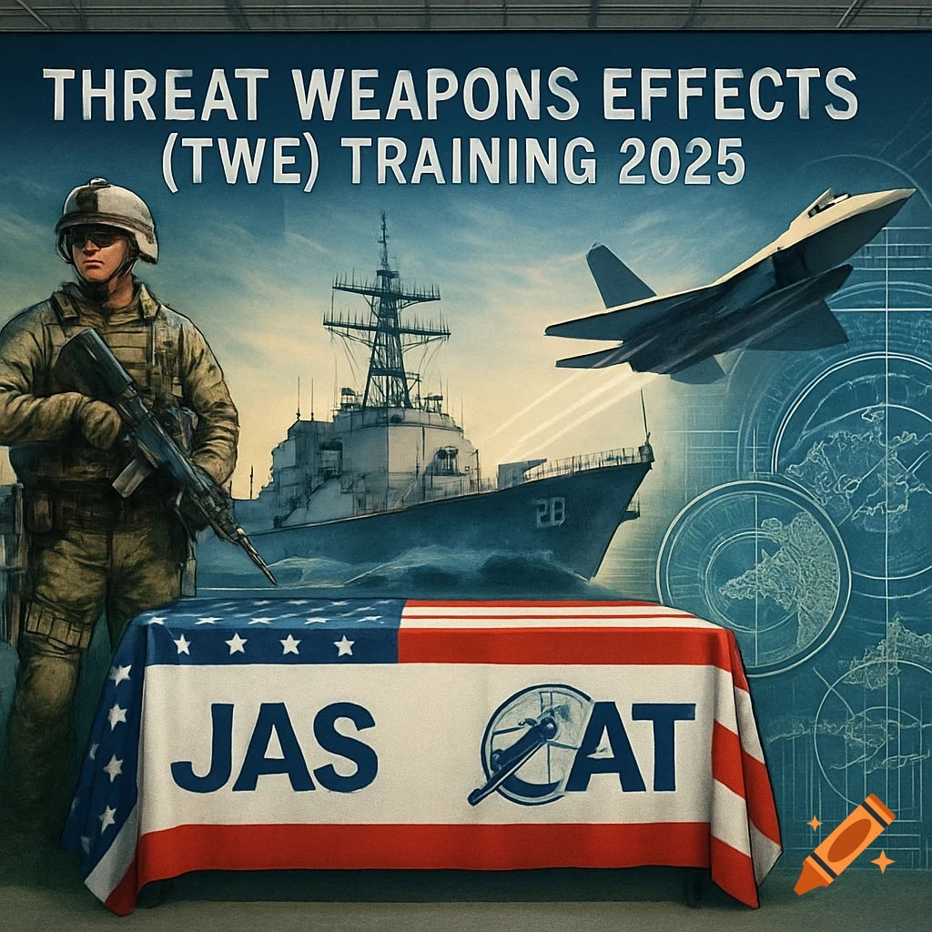 Military-themed display with a soldier, warship, jet fighter, and a US flag-draped table with 'JAS AT' text and a logo.