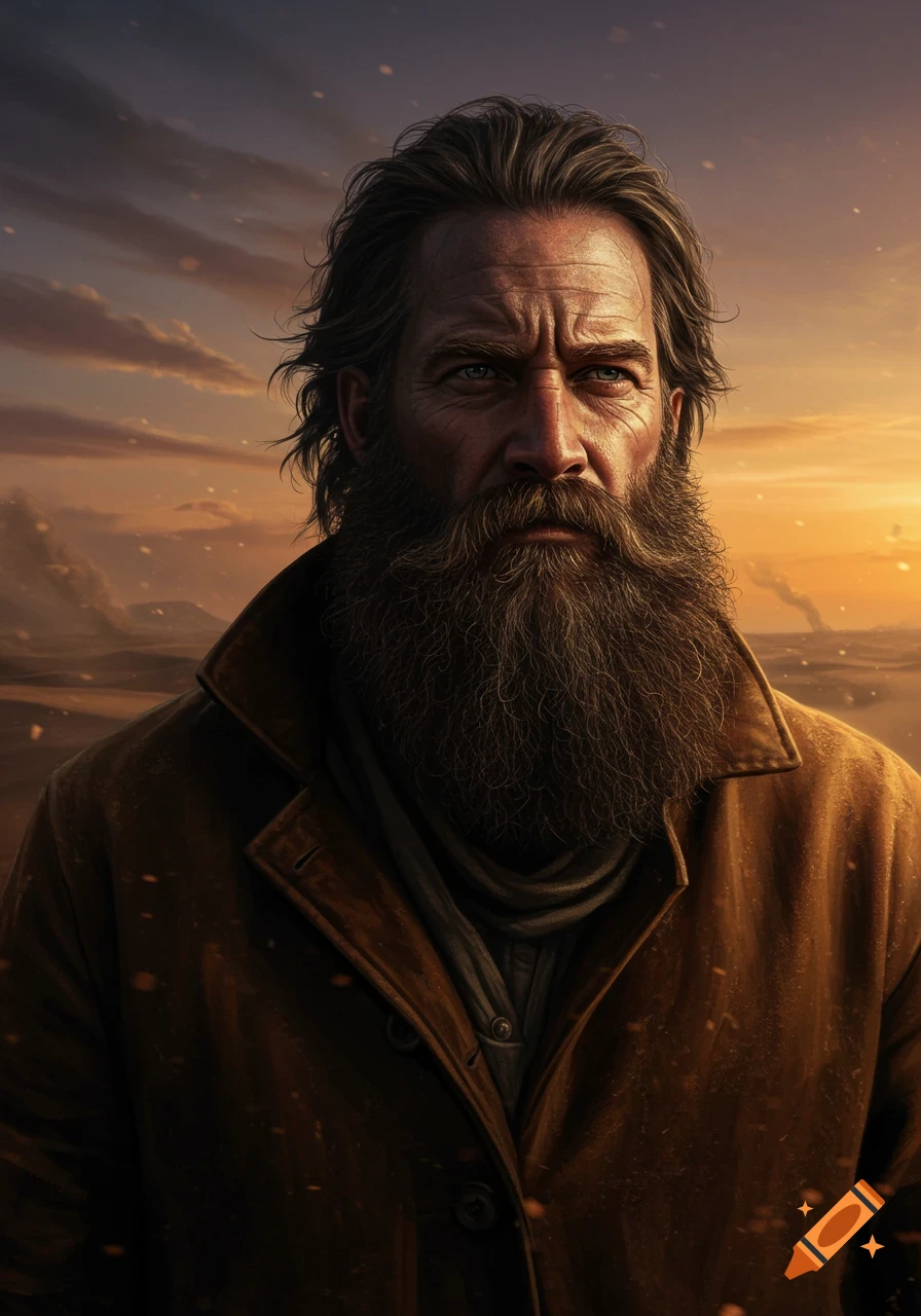 Close-up portrait of a rugged man with a long beard and brown coat, against a dramatic sunset sky.