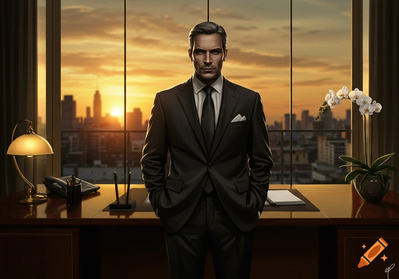 Photorealistic portrait of a businessman in a suit standing in an office with a city skyline at sunset.