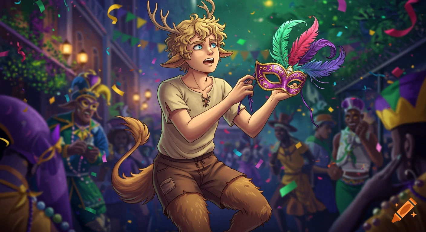 A blond anime satyr with antlers and hooves looks frustrated trying on a mask at a lively Mardi Gras party.