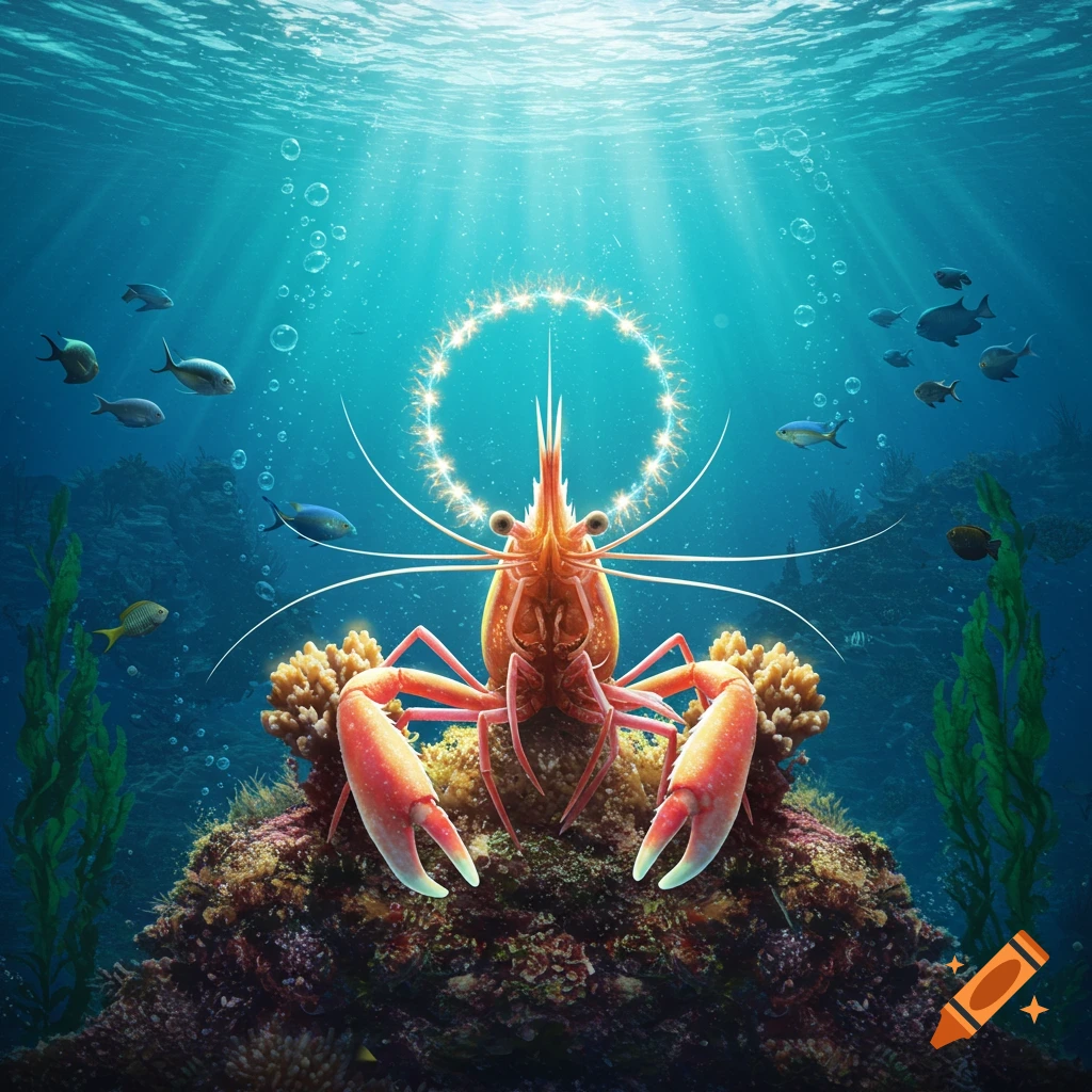 A large orange shrimp with a glowing halo stands on a coral reef underwater, surrounded by small fish.
