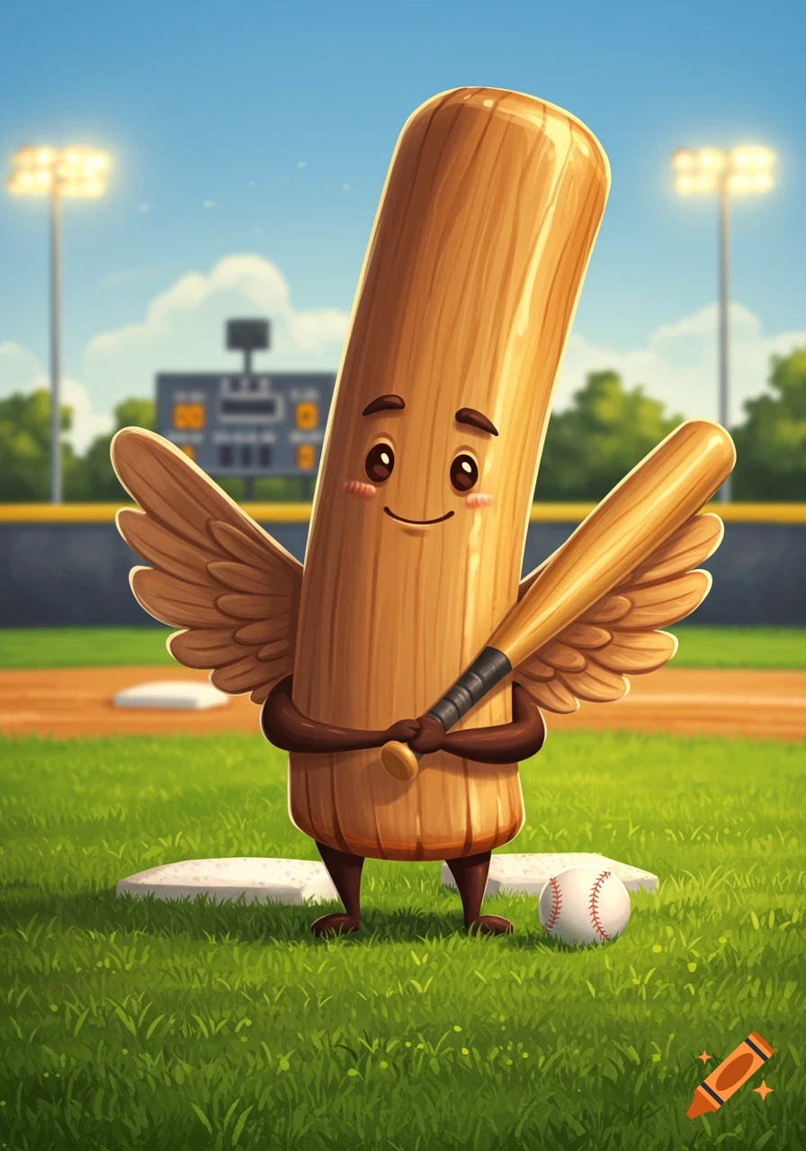 Cute cartoon baseball bat character with wings holding a bat on a grassy baseball field.