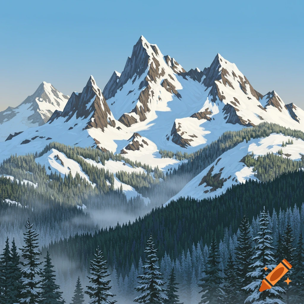 Stylized depiction of snow-capped mountains and a dense evergreen forest, with mist in the valleys under a clear sky.