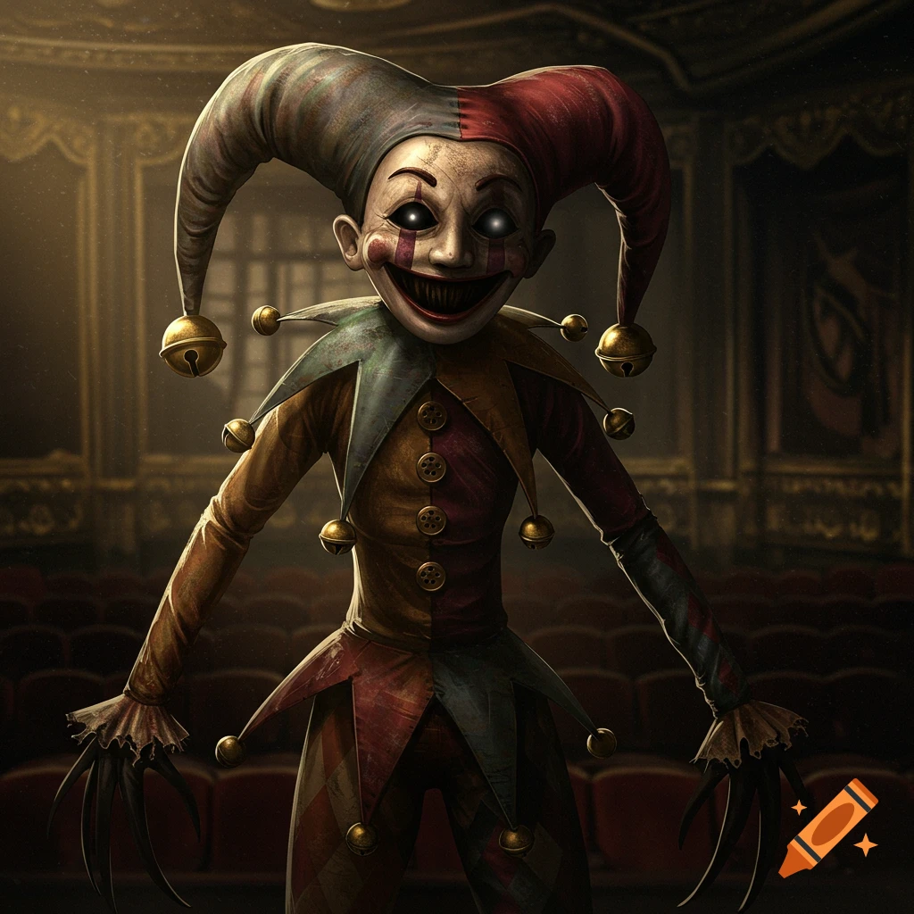 A creepy vintage animatronic jester in a faded costume with bells, exaggerated smile, glowing eyes, and clawed hands stands in a dark theater.