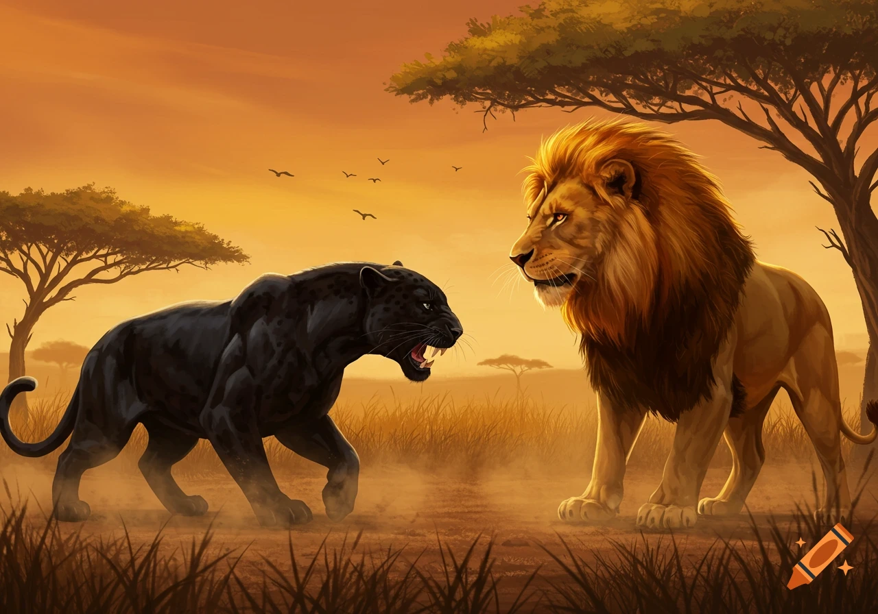 A black panther and a lion with mad faces confront each other in a savanna at sunset, digital art.