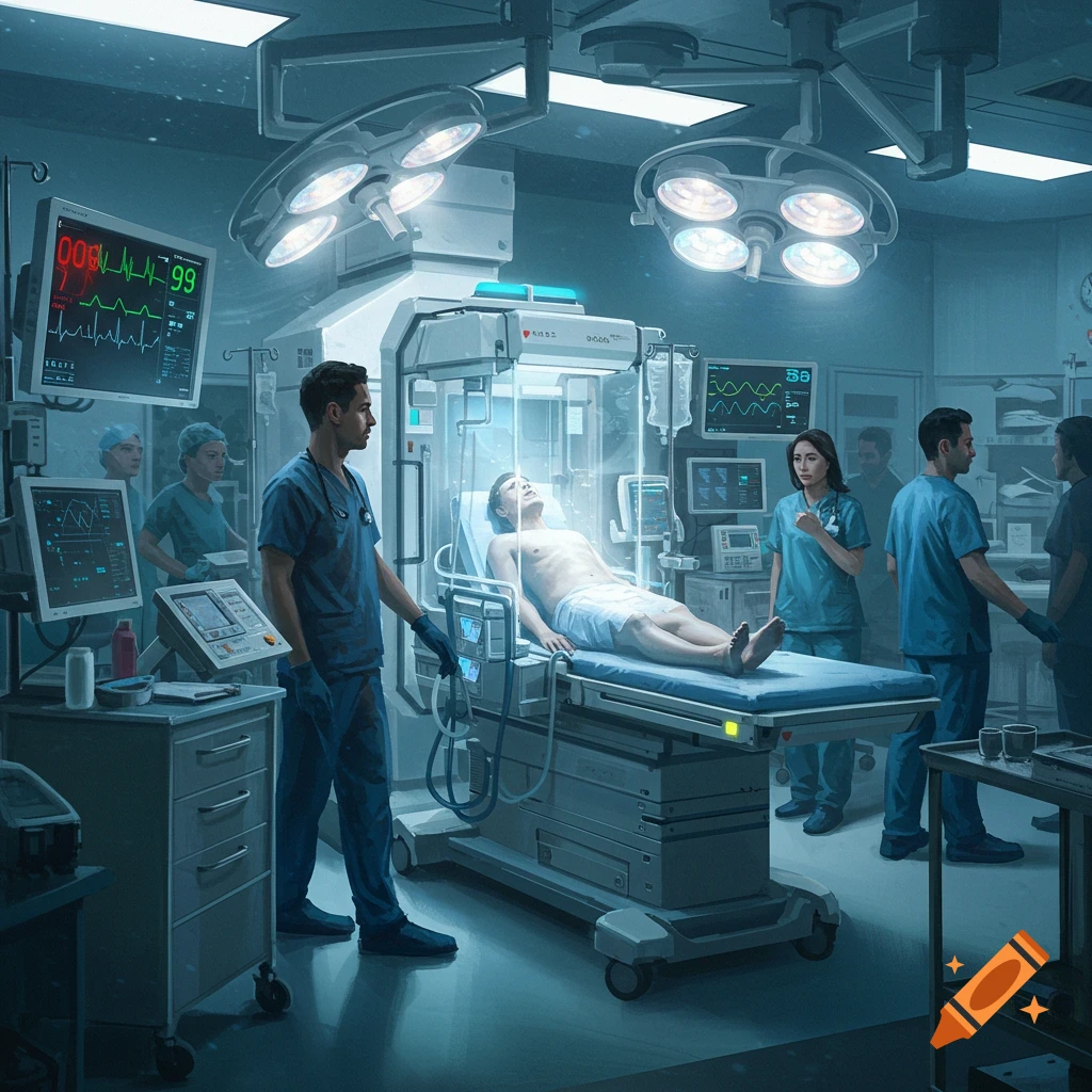 A patient lies on a futuristic operating table in a hospital room, surrounded by medical staff and glowing monitors.