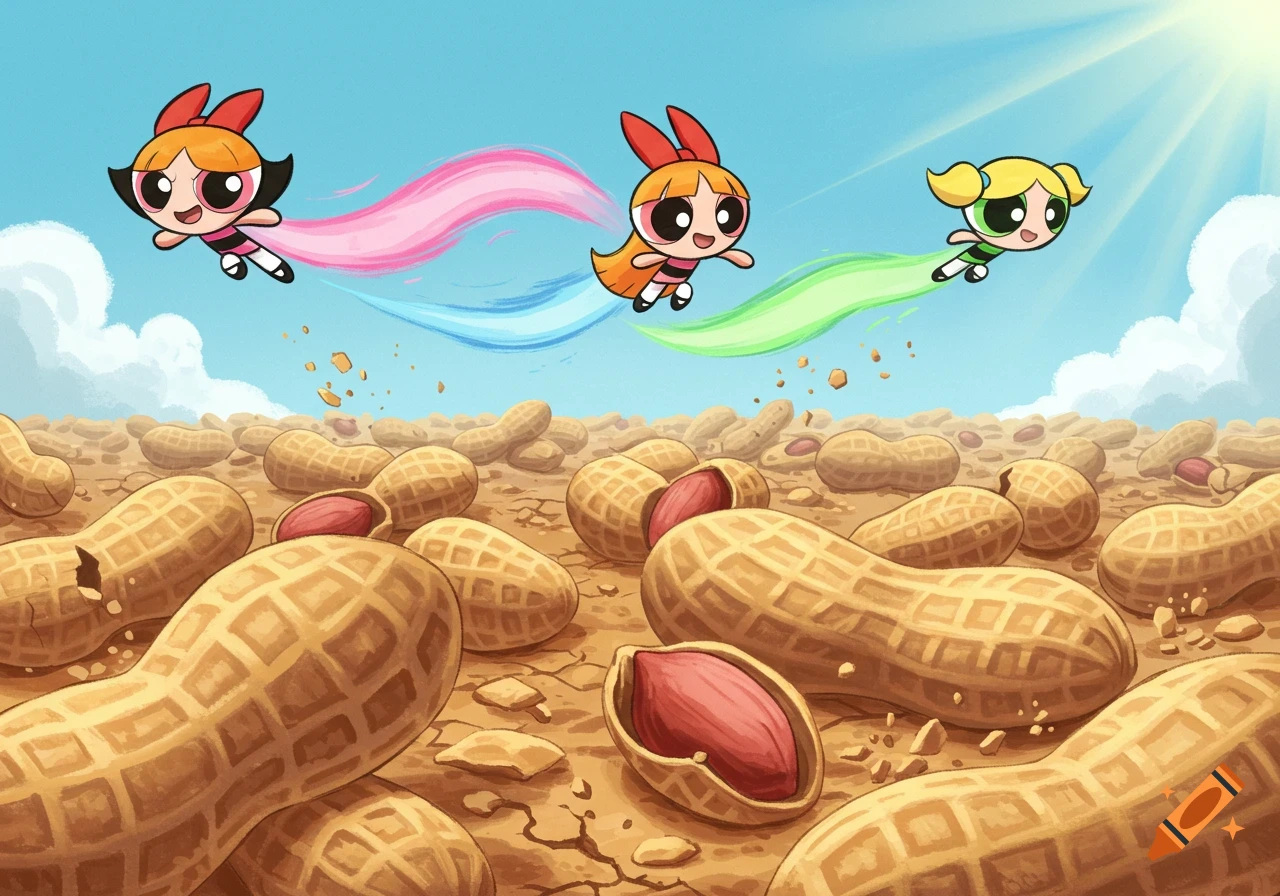 Three Powerpuff Girls fly above a vast field of oversized peanuts under a bright blue sky, cartoon style.