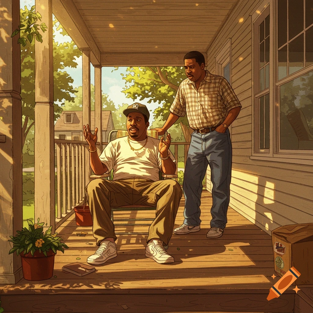 An illustration of two men, one sitting on a porch chair talking with hands raised, and another standing beside him, on a sunny day.