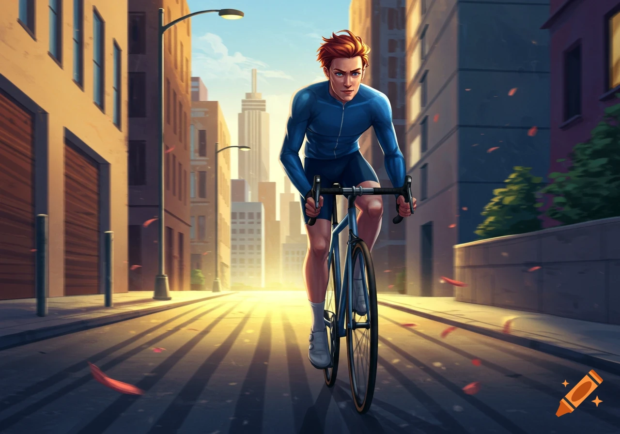 Illustrated man with red hair in a blue biking outfit riding a bicycle down a sunlit city street.