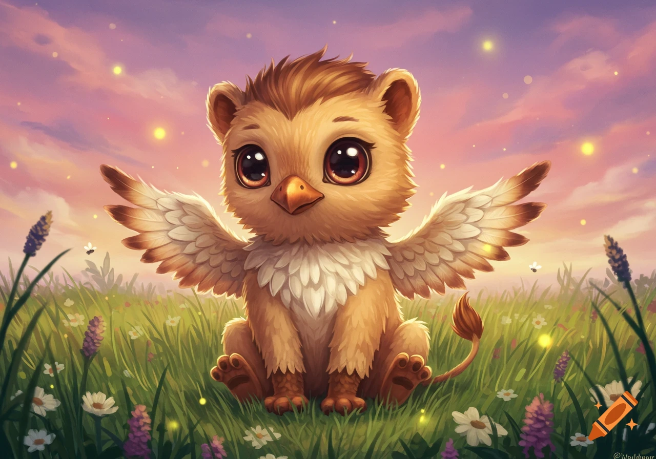 A cute baby griffin with large eyes sits in a grassy field with flowers under a pink and purple sunset sky.