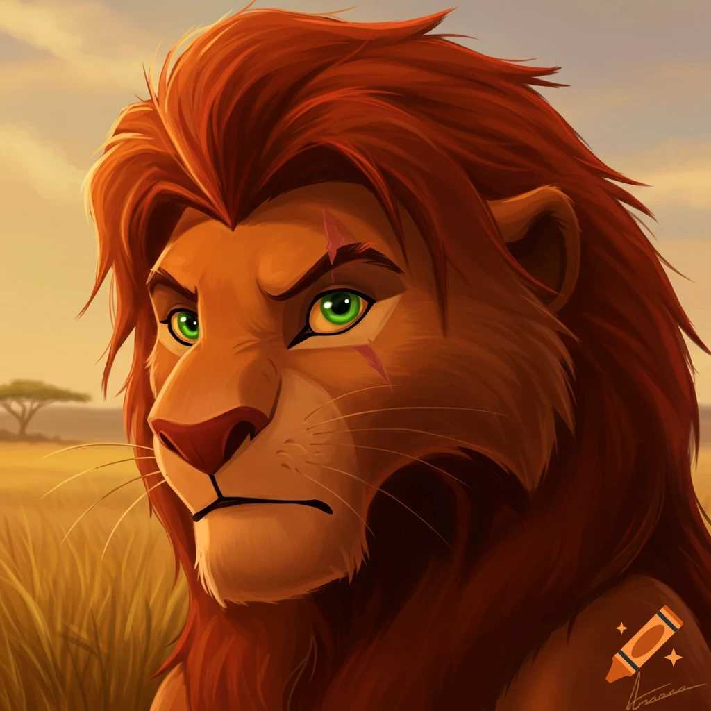A cartoon headshot of Kovu, a lion from The Lion King, with green eyes and a scar, set against a savanna sunset.