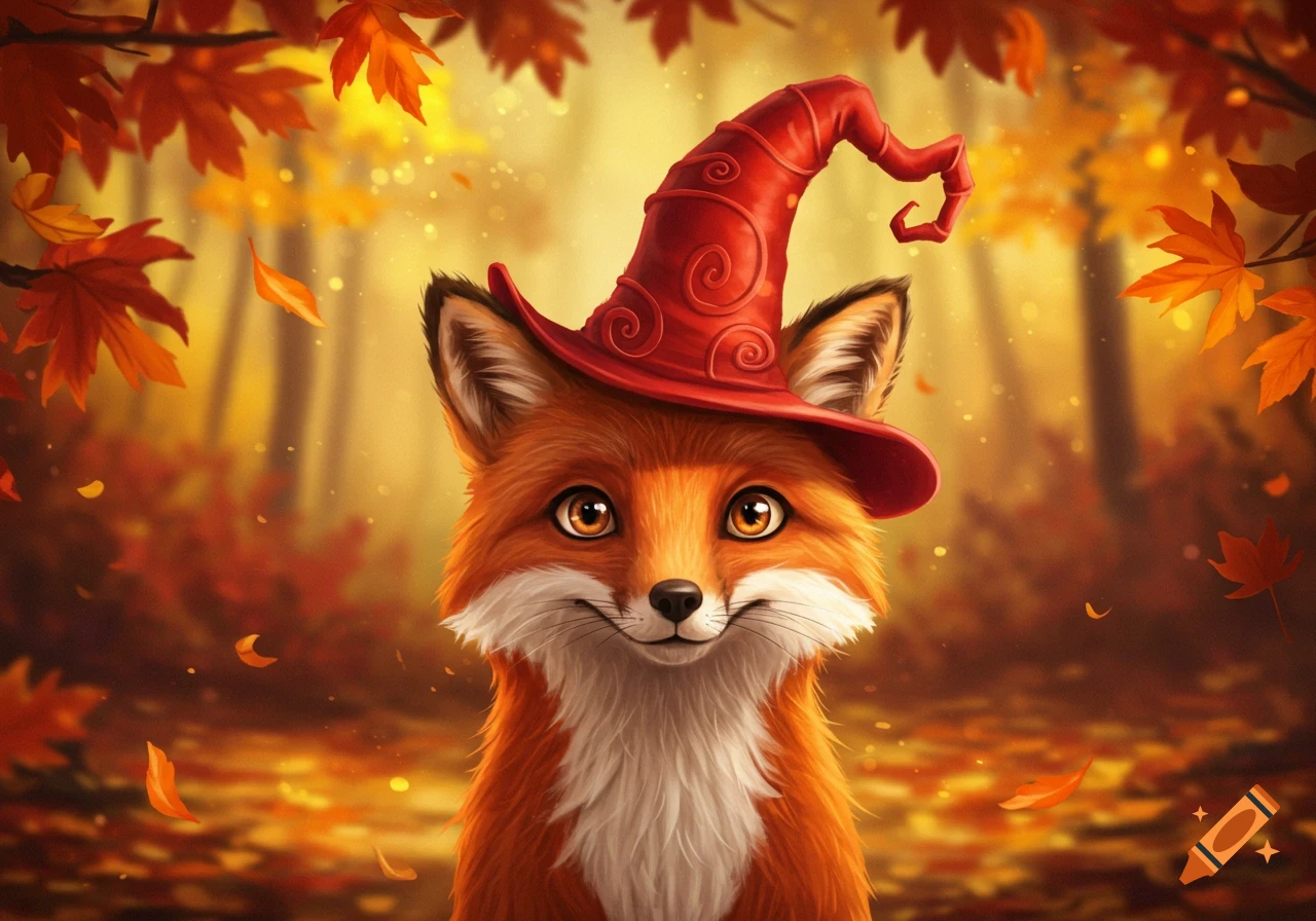 A cute, smiling fox wearing a red wizard hat in an autumn forest with ...