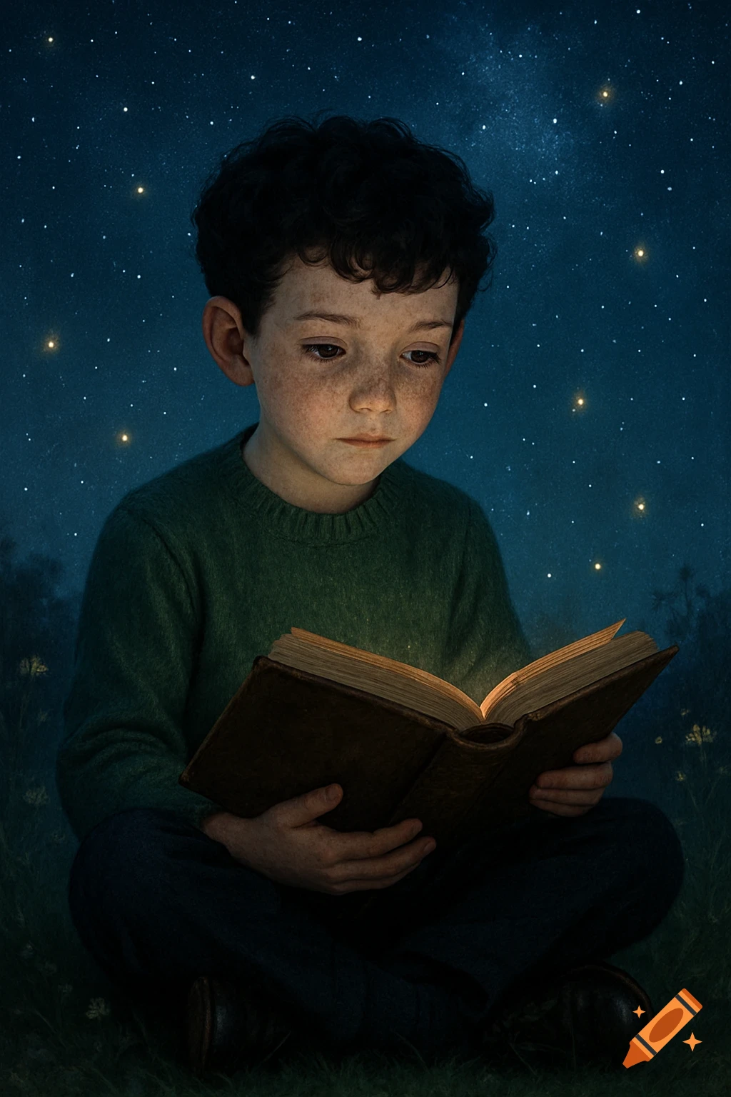 A young boy with dark curly hair sits outdoors at night, reading a glowing book under a starry sky.