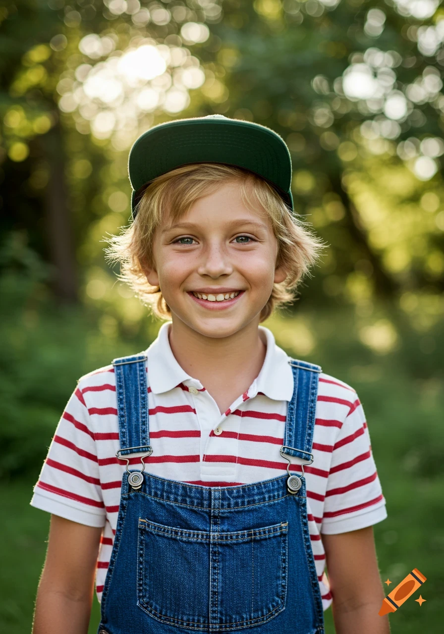 Photorealistic portrait of a smiling young boy with blonde hair, green cap, striped polo, and denim overalls, standing outdoors in dappled sunlight.